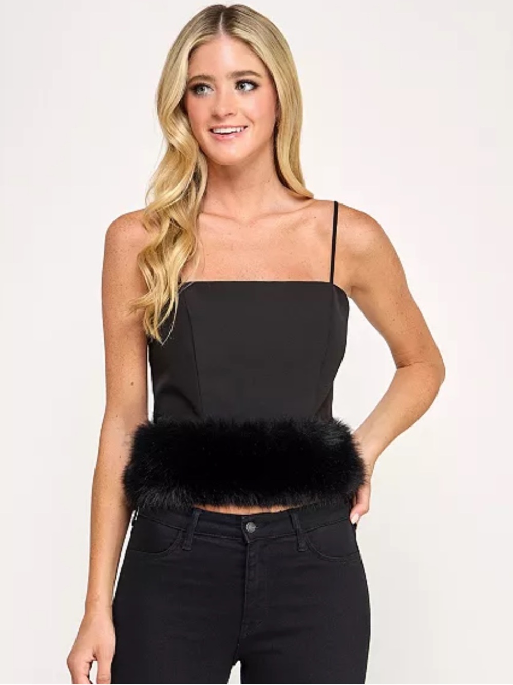 Seni & Cade Strappy Black Crop Top with Faux-Fur Hem